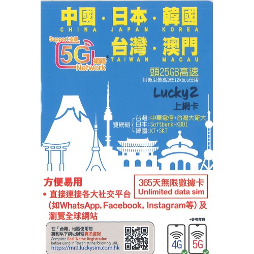 Lucky SIM 4.5G中日韓台澳 1年25GB 數據卡